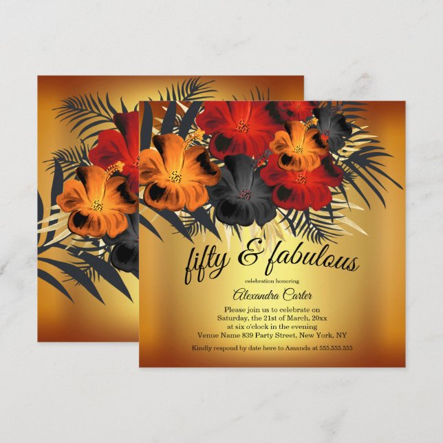 Invitation Fabulueuse fête des 50 ans Gold Red Orange Black H (Devant / Derrière)