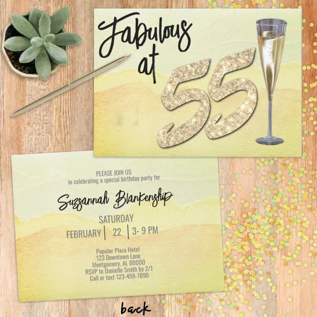 Invitation Fabuluse à 55 ans Fête d'anniversaire Aquarelle pa (Start planning that glittery birthday with a fun invitation design ready for your personalization.)