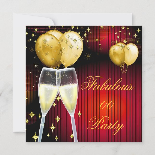 Invitation Fabuluse Fête d'Anniversaire Champagne Rouge Or (Devant)