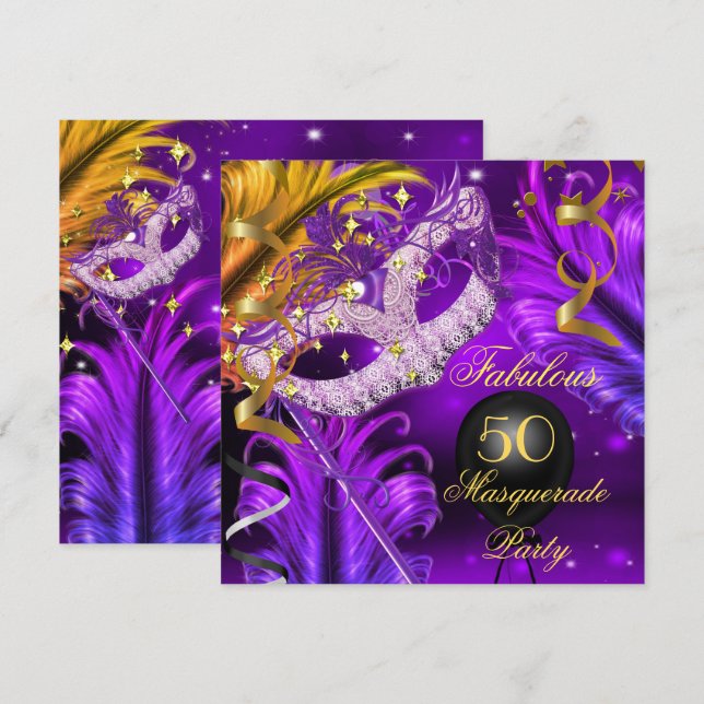 Invitation Fabuluse Fête d'Anniversaire Mascarade Violet Or 2 (Devant / Derrière)
