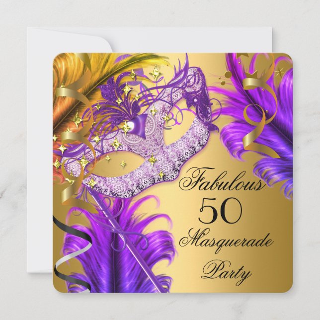 Invitation Fabuluse Fête d'Anniversaire Mascarade Violet Or 3 (Devant)