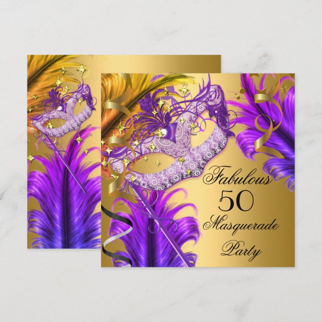 Invitation Fabuluse Fête d'Anniversaire Mascarade Violet Or 3 (Devant / Derrière)
