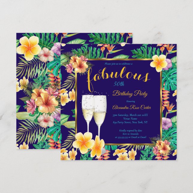 Invitation Fabuluse Fête florale tropicale bleue Champagne (Devant / Derrière)