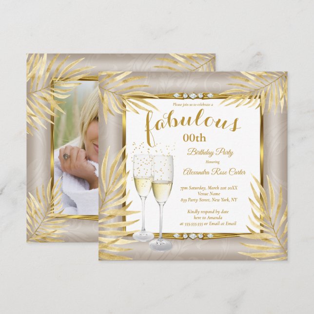 Invitation Fabuluses Palmiers Beige Or Champagne Fête (Devant / Derrière)