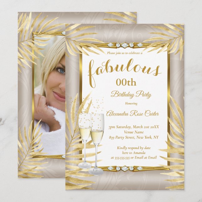 Invitation Fabuluses Palmiers Dorés Beige Champagne Party (Devant / Derrière)