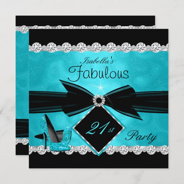 Invitation Fabuluseux 21 Anniversaire Turquoise Noir Argent F (Devant / Derrière)