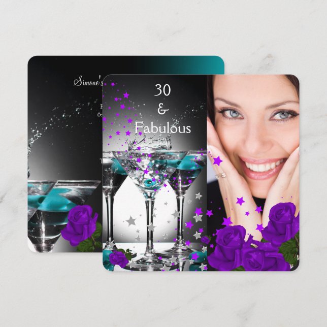 Invitation Fabulux 30 Anniversaire Roses Sarcelle Violettes P (Devant / Derrière)