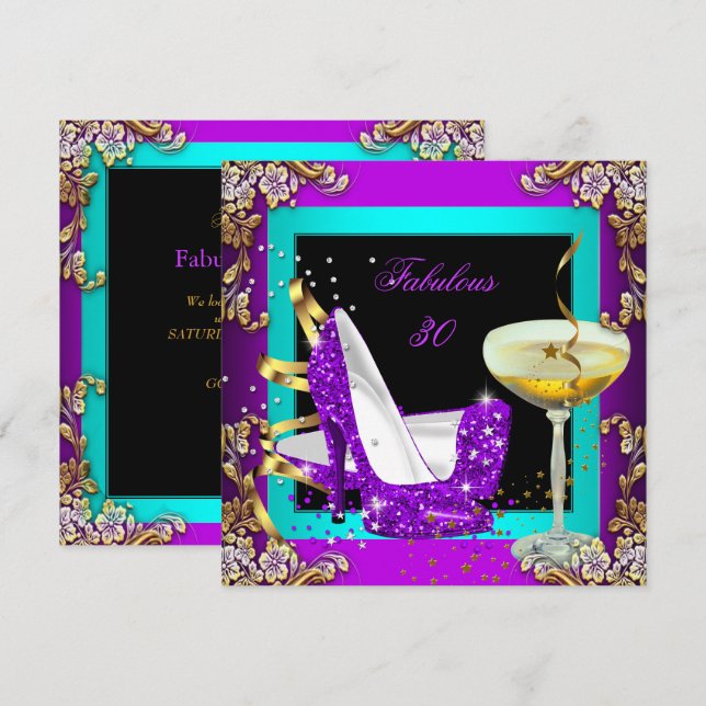 Invitation Fabulux 30 Violet Turquoise Paillettes Or Fête (Devant / Derrière)