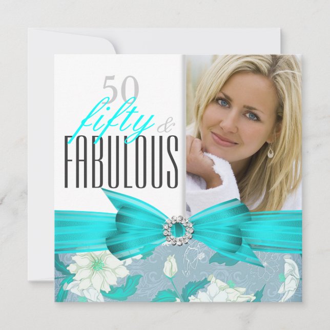 Invitation Fabulux 50 Anniversaire Fleurs Bleu Turquoise Fête (Devant)