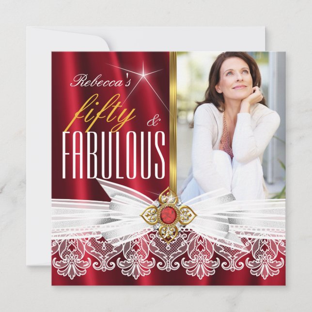 Invitation Fabulux 50 ans Anniversaire de naissance or rouge  (Devant)