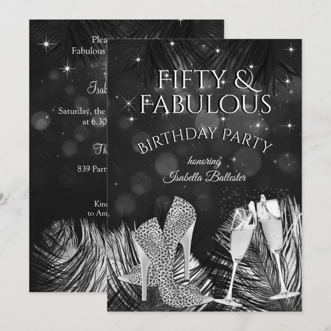 Invitation Fabulux 50 ans Fête d'anniversaire Champagne Noir  (Devant / Derrière)