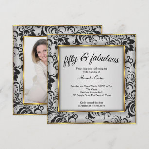 Invitation Fabulux 50 ans Photo Or gris Noir Damassé annivers