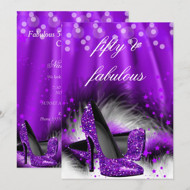 Invitation Fabulux 50 Étoiles Violettes Escarpins Anniversair (Devant / Derrière)