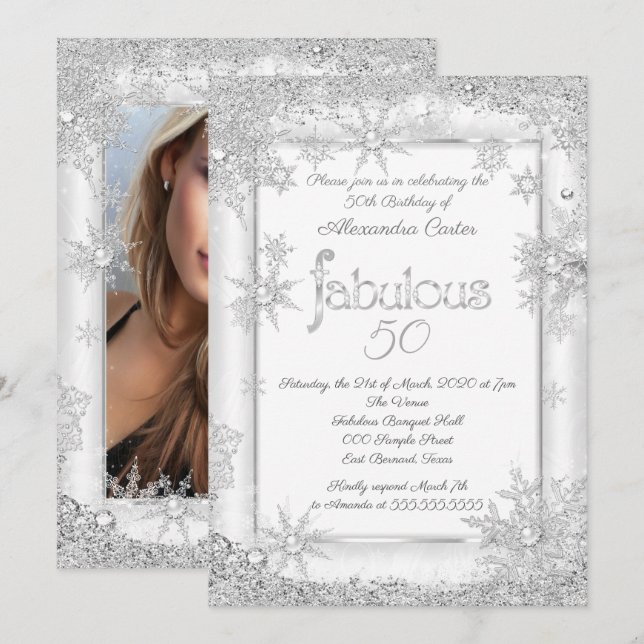 Invitation Fabulux 50 Photo Argent Blanc Flocon de neige fête (Devant / Derrière)
