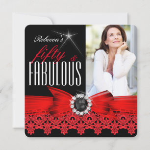 Invitation Fabulux 50 Photo Noir Blanc Rouge Dentelle Anniver