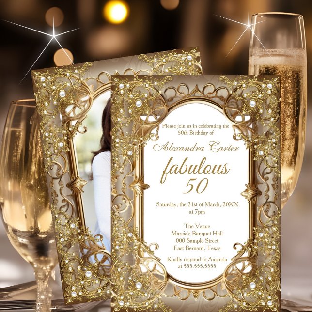 Invitation Fabulux 50e Anniversaire photo beige Perle dorée (Créateur téléchargé)