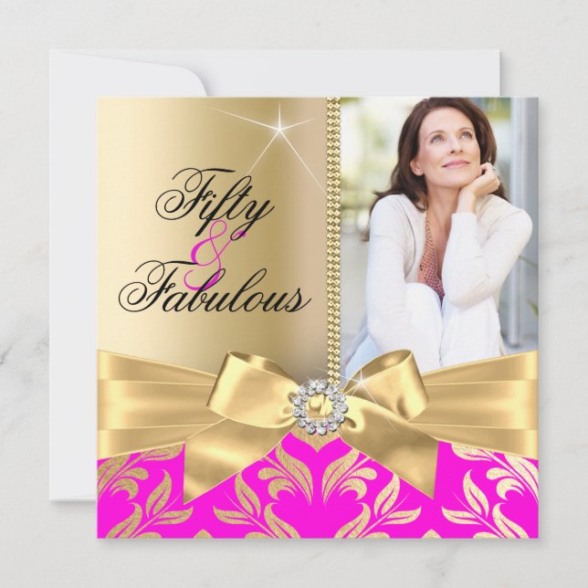 Invitation Fabulux 50e Anniversaire Rose Or Feuille & Nœud (Devant)