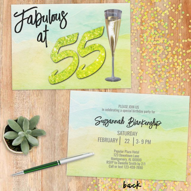 Invitation Fabulux 55 Anniversaire Aquarelle Vert Pastel  (This eye-catching green faux glittery birthday invitation is ready for your personalization.)