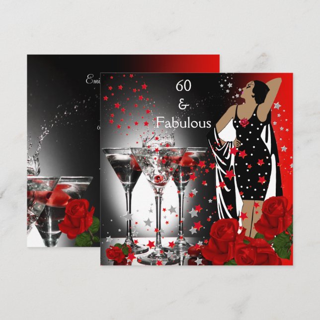 Invitation Fabulux 60e fête d'anniversaire Martini Roses Roug (Devant / Derrière)