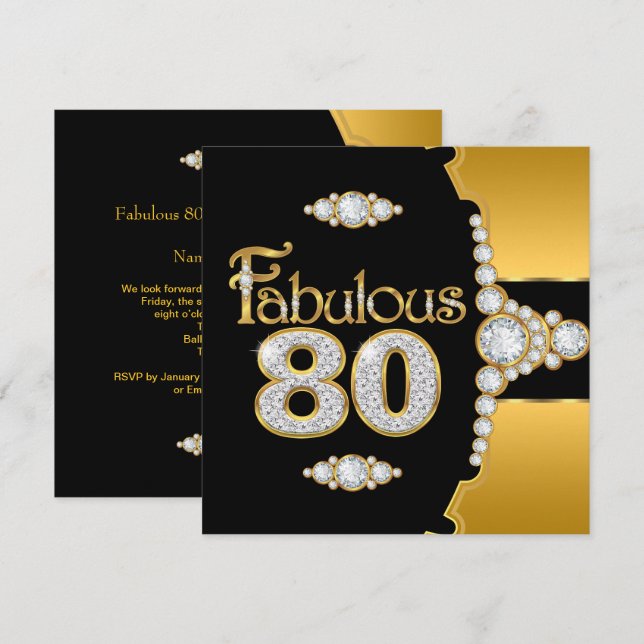 Invitation Fabulux 80 80e Anniversaire Or Noir Diamant (Devant / Derrière)