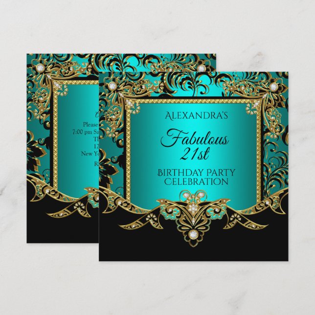 Invitation Fabulux Anniversaire 21 ans Teal BLEU Noir (Devant / Derrière)