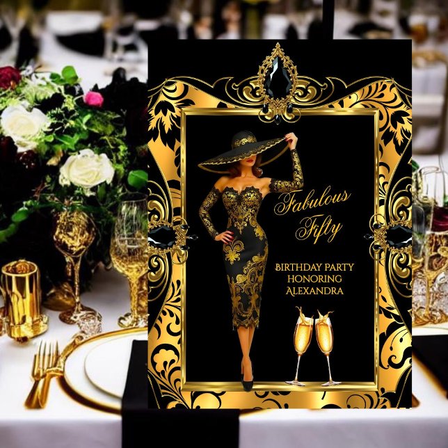Invitation Fabulux Anniversaire Champagne Noir Or Damas (Créateur téléchargé)