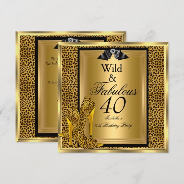 Invitation Fabulux Anniversaire des 40 ans Fête Or Léopard (Devant / Derrière)