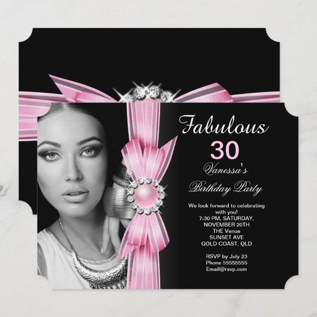 Invitation Fabulux Anniversaire Photo Fête Rose Pâle Noir (Devant / Derrière)