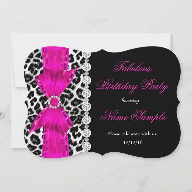 Invitation Fabulux Anniversaire Rose Chaud Léopard Noir (Devant)