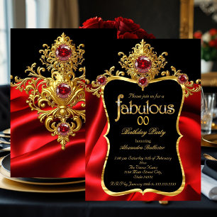 Invitation Fabulux Élégant Anniversaire Rouge Soie Or Gems