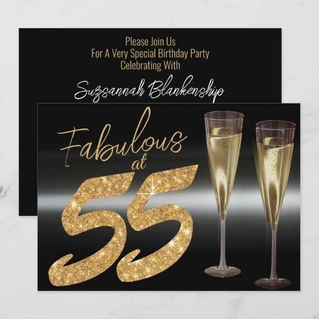Invitation Fabulux Noir et Or Incroyable à 55 ans Fête (Devant / Derrière)