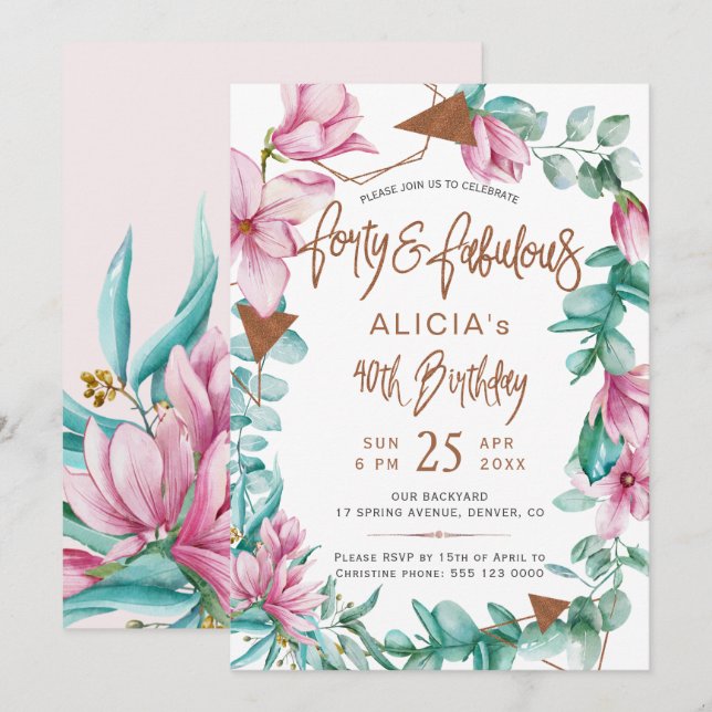 Invitation Fabulux Quarante aquarelle florale 40e anniversair (Devant / Derrière)