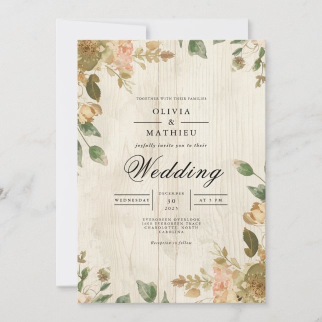 Invitation Faded Floral Timber Rustic Mariage (Devant)