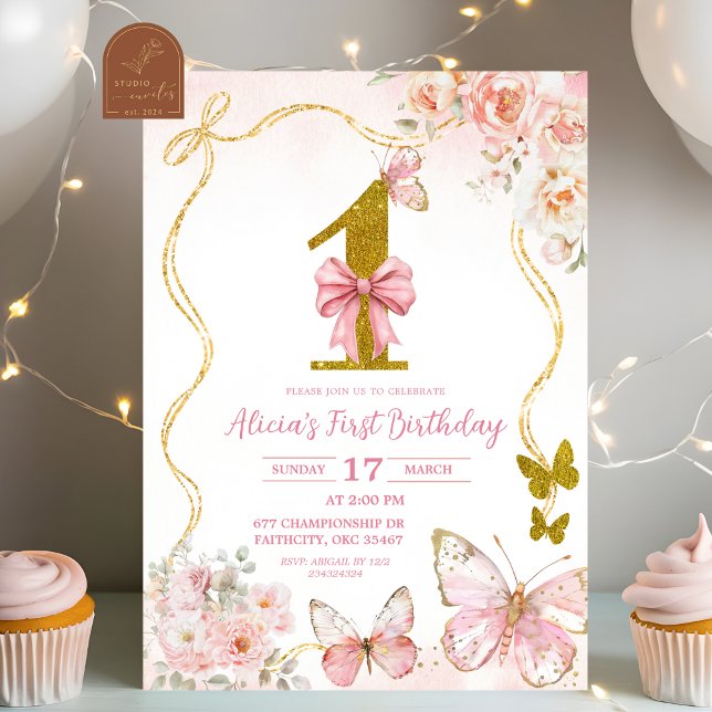 Invitation Faire à la naissance papillon rose Bow Coquette (Créateur téléchargé)