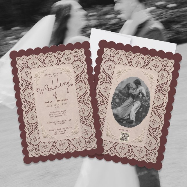 Invitation Faire-ancienne dentelle napperon mariage bordeaux (Vintage Lace Doily Burgundy Wedding Invitatio)