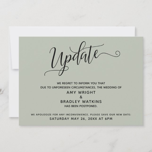 Invitation Faire Annonce de Mariage Reporté Élégante Vert Sau (Devant)