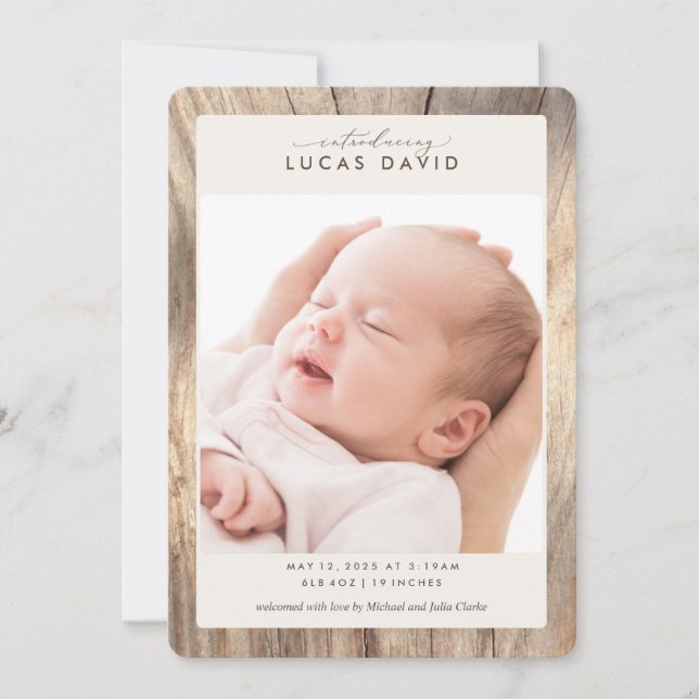 Invitation Faire annonce de naissance photo en bois rustique  (Devant)