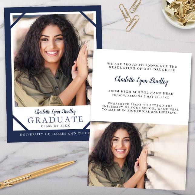 Invitation Faire annonce de remise de diplôme bleu marine ave (Modern elegant navy blue graduation announcement with 2 photos and trendy modern minimalist card)