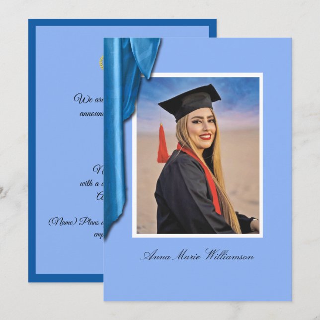 Invitation Faire Annonce de Remise de Diplôme en Satin Bleu (Devant / Derrière)