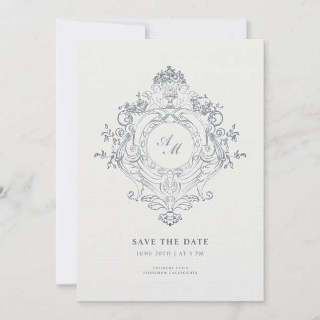 Invitation Faire annonce de style baroque noir Save the Date (Devant)