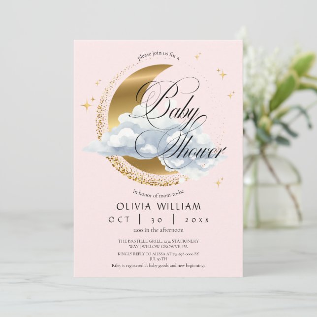 Invitation Faire Baby Shower Rose Céleste Script (Debout devant)