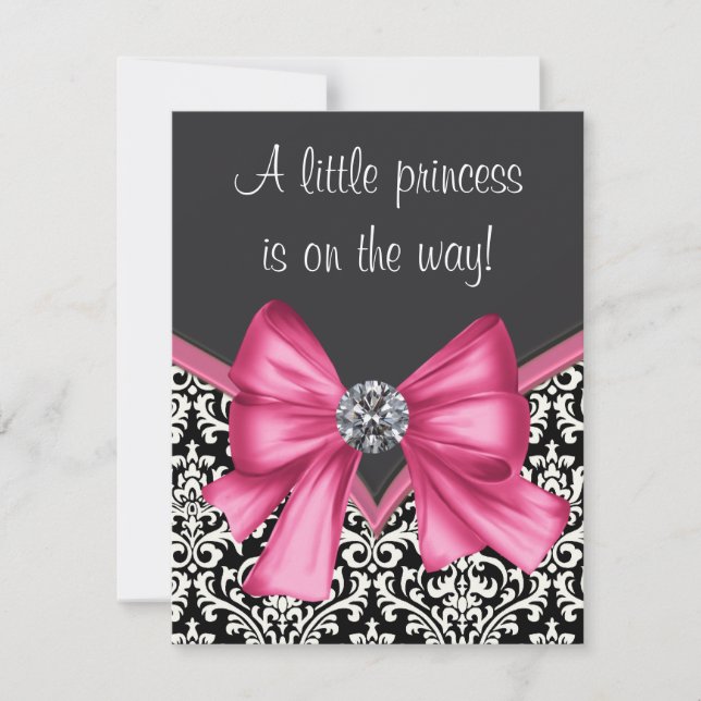 Invitation Faire Baby-Shower Rose Et Noir Damassé (Devant)