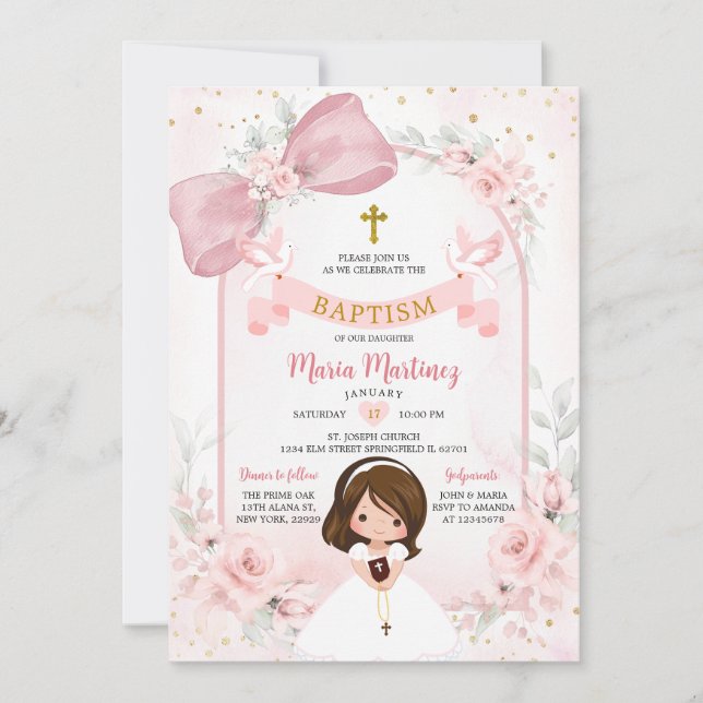 Invitation Faire baptême de petite fille rose floral (Devant)