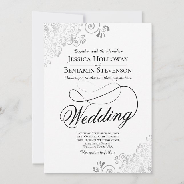 Invitation Faire calligraphie avec fioriture Mariage Argent e (Devant)
