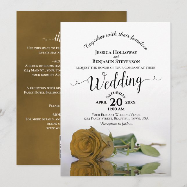 Invitation Faire calligraphie code QR rose or ochre mariage (Devant / Derrière)