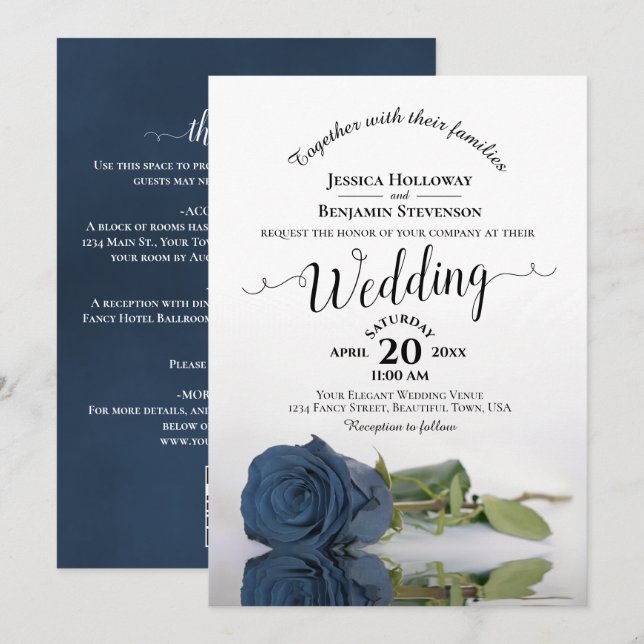 Invitation Faire calligraphie rose en acier bleu code QR mari (Devant / Derrière)