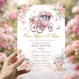 Invitation Faire Carrosse Rose Pâle Fleurs Bébé Naissance 