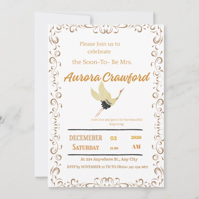 Invitation Faire Carton d'Invitation de Mariage Élégant Grue  (Devant)