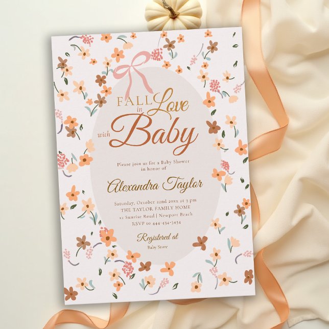 Invitation Faire connaissance avec la Fleur Sauvage Fleurie F (fall baby shower ideas wildflowers invitation vintage brown orange cream calligraphy bow cute card)