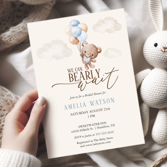Invitation Faire connaissance avec notre bébé garçon avec une (Watercolor We Can Bearly Wait Baby Boy Shower Invitation)